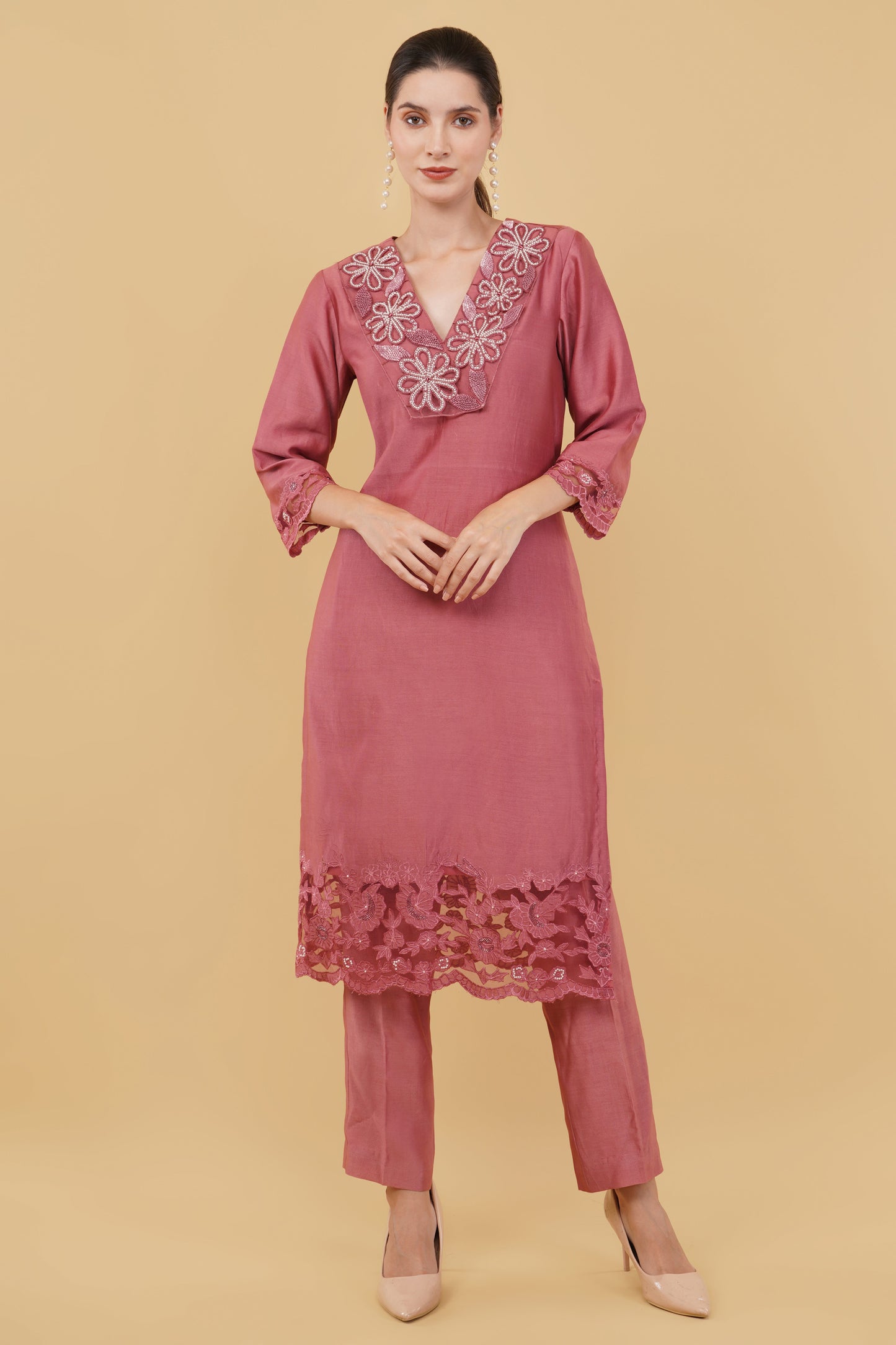 Elegant Salmon Straight Suit with Cutwork Front Panel and Pants