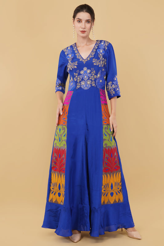 Royal Blue Jumpsuit with Handworked Yoke Featuring Sequin Dabka Zari And Moti