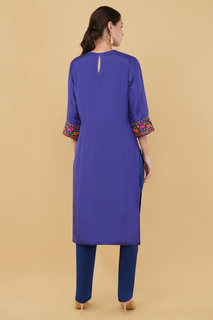 Elegant Blue Silk Embroidered Kurta with Matching Silk Trouser