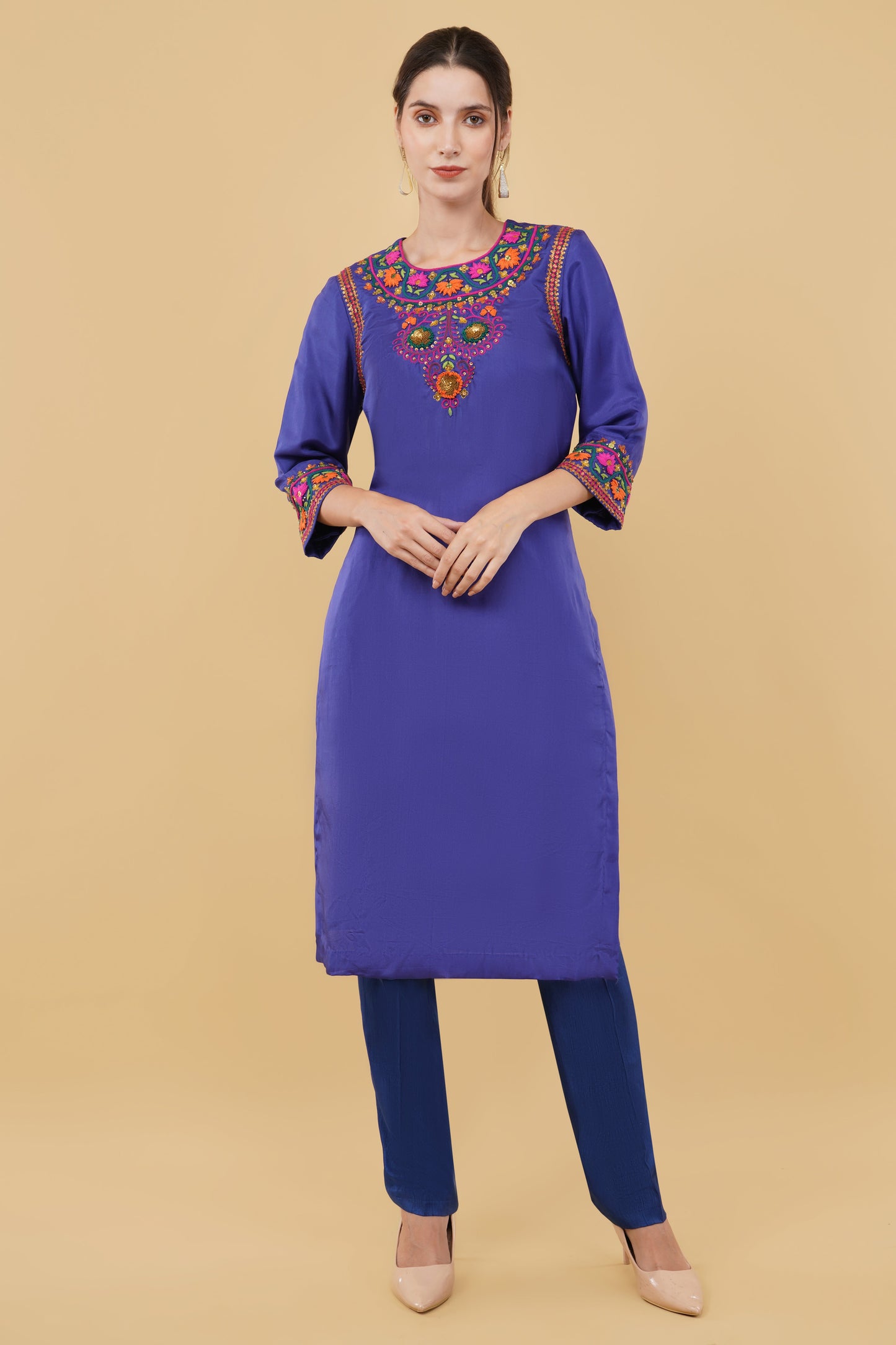 Elegant Blue Silk Embroidered Kurta with Matching Silk Trouser