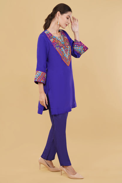 Blue Silk Straight Suit with Colorful Thread Sequin And Mirror Embellishment