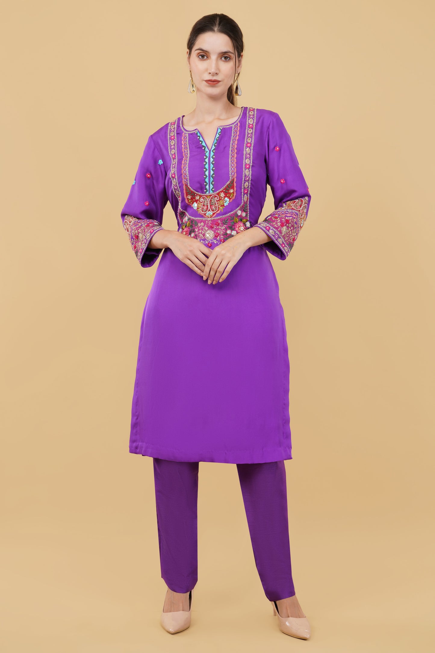 Elegant Purple Silk Straight Kurta with Heavy Dabka, Thread Sequin And Dori Embroidery