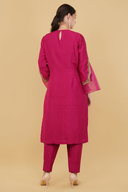 Festive Wine Straight Kurti Ensemble with Salwar and Hand-Embroidered Dori Accents