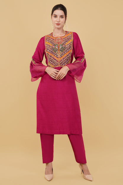 Festive Wine Straight Kurti Ensemble with Salwar and Hand-Embroidered Dori Accents