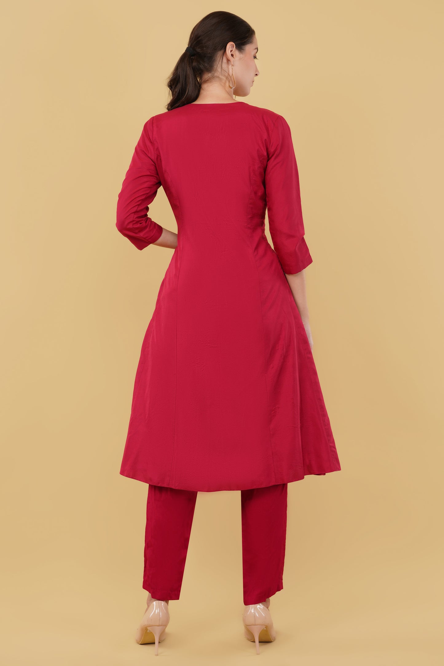 Red Silk A-Line Kurta Set with Heavy Metal Handworked Neckline