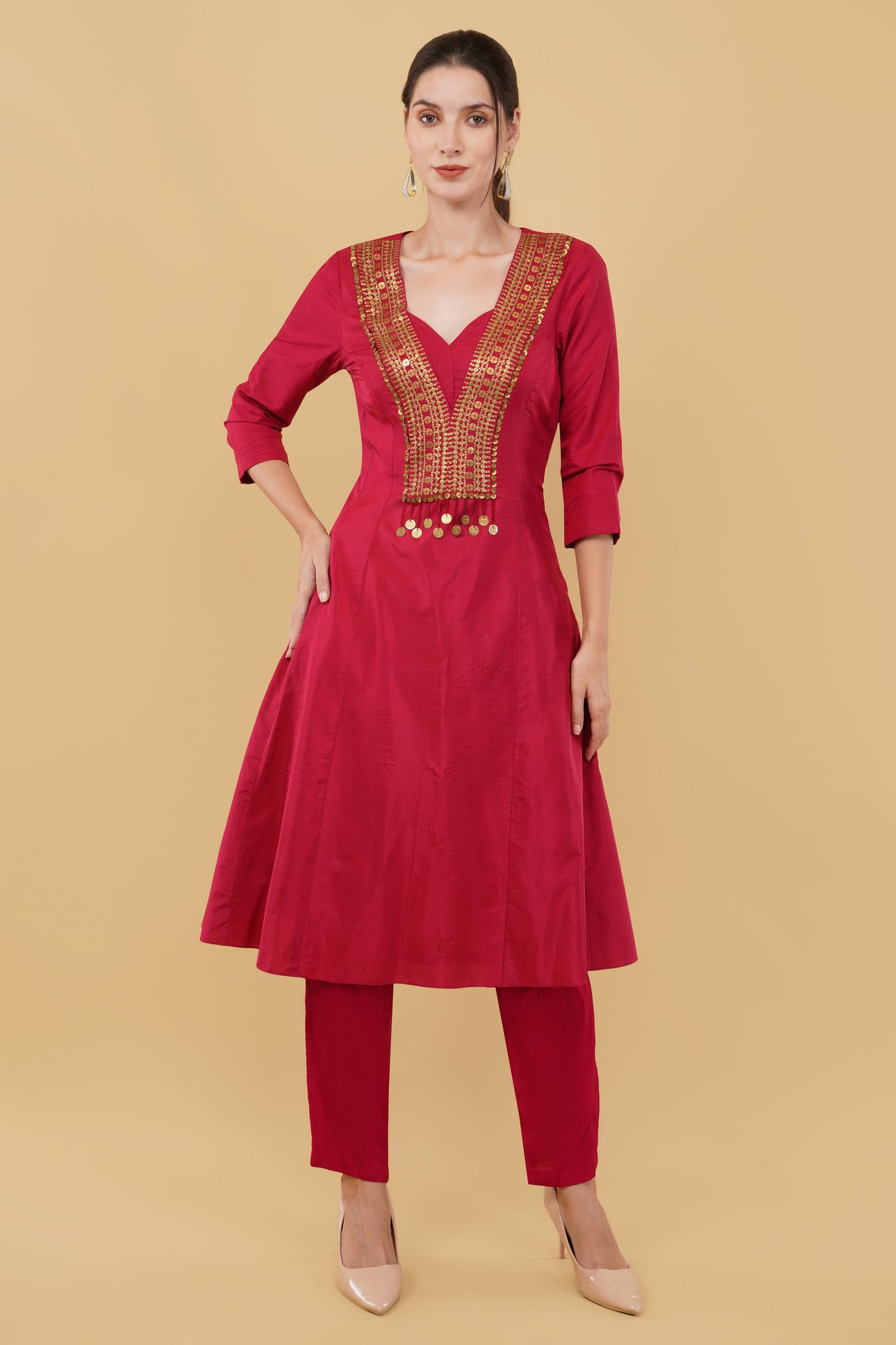 Red Silk A-Line Kurta Set with Heavy Metal Handworked Neckline