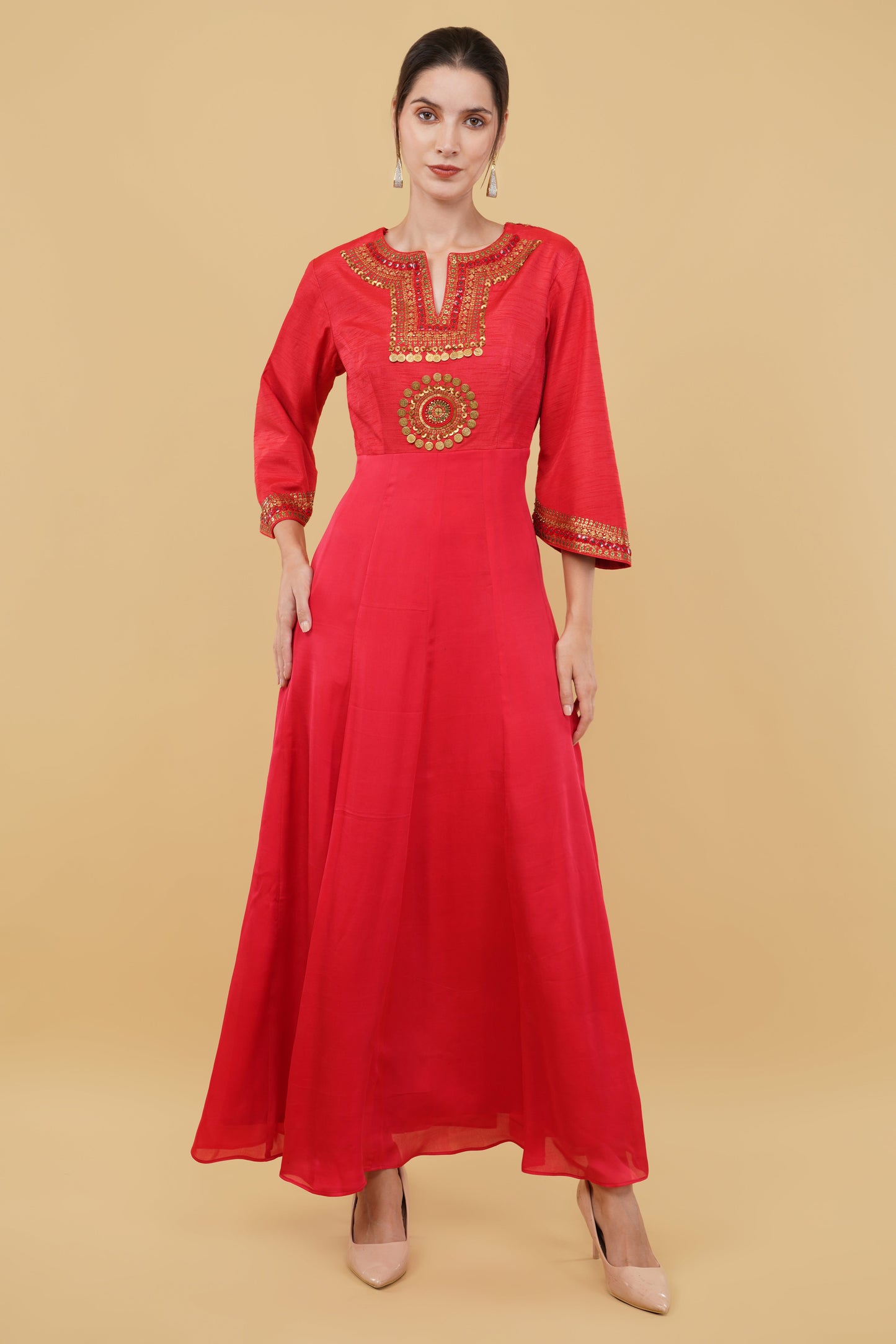 Elegant Red Floor-Length Anarkali with Detailed Neck Embroidery and Decorative Bell Sleeves