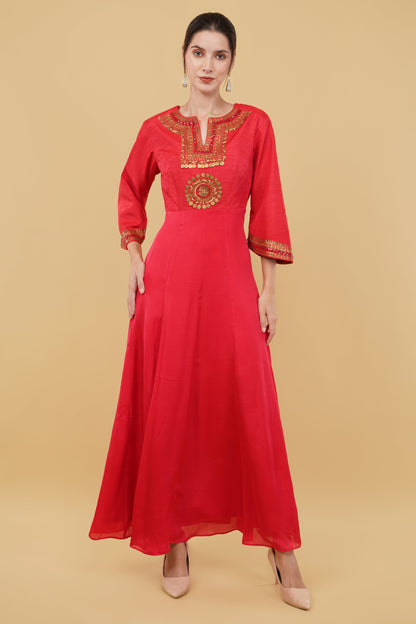 Elegant Red Floor-Length Anarkali with Detailed Neck Embroidery and Decorative Bell Sleeves