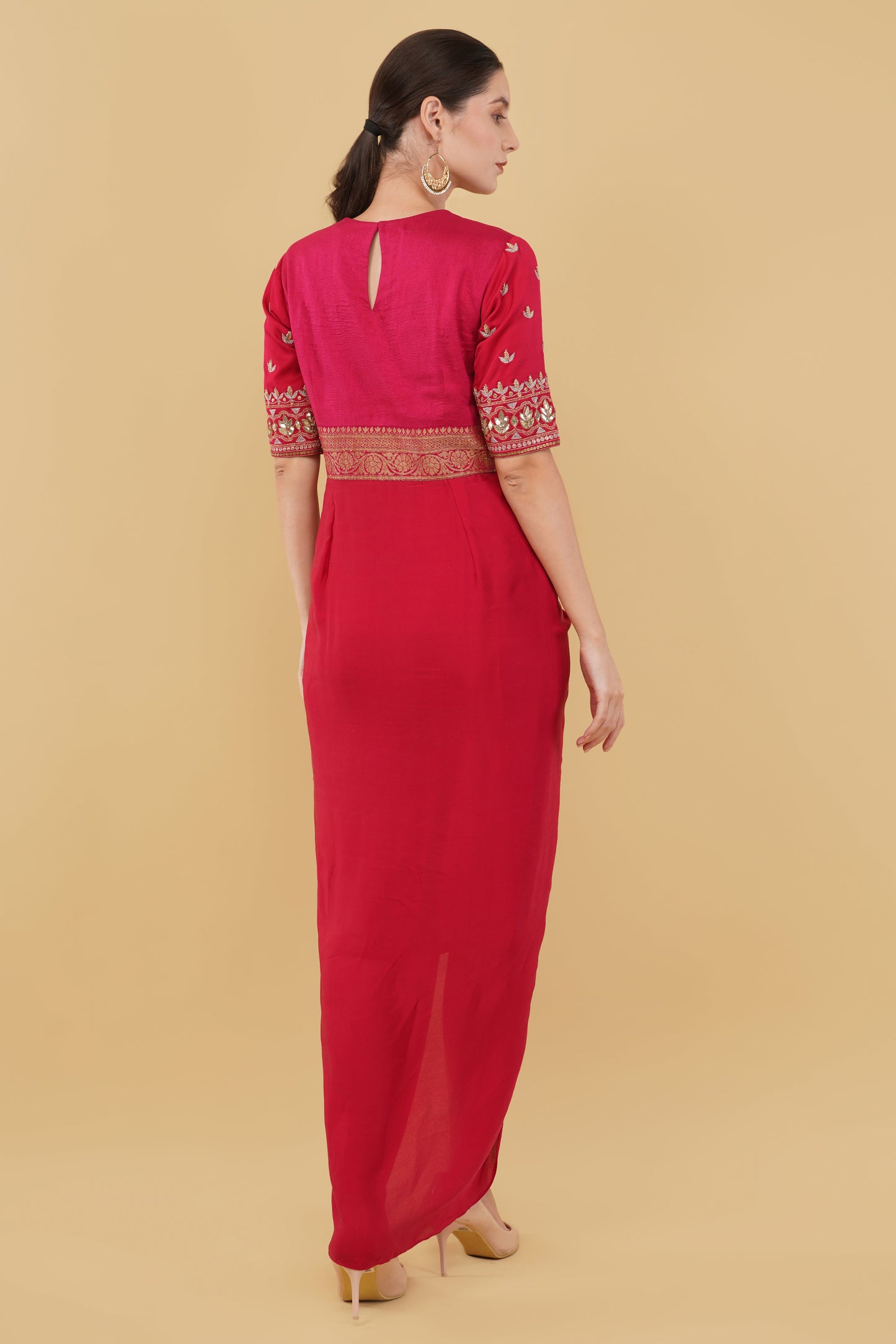 Red Drape Dress with Bandhej Yoke & Sleeves Adorned with Gotta Patti Work