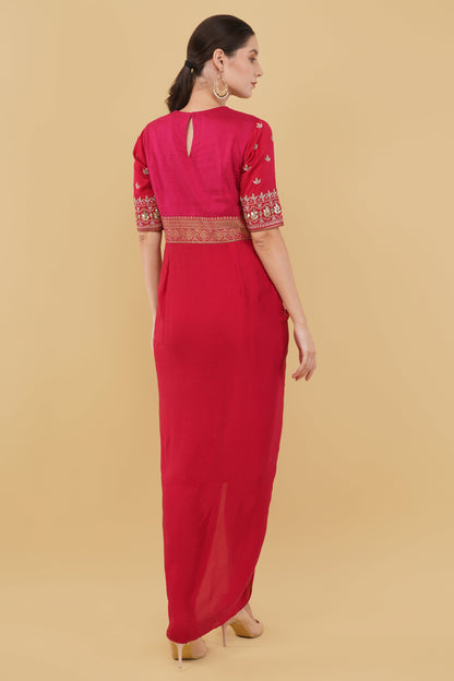 Red Drape Dress with Bandhej Yoke & Sleeves Adorned with Gotta Patti Work