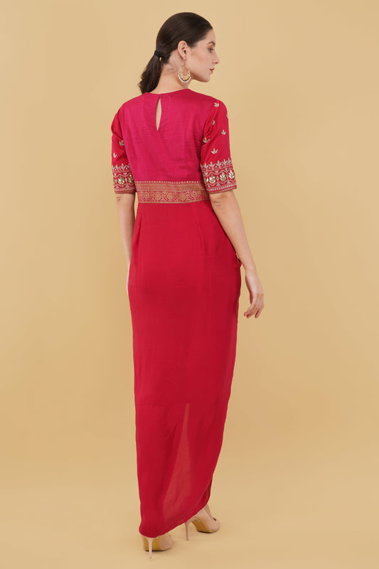 Red Drape Dress with Bandhej Yoke & Sleeves Adorned with Gotta Patti Work