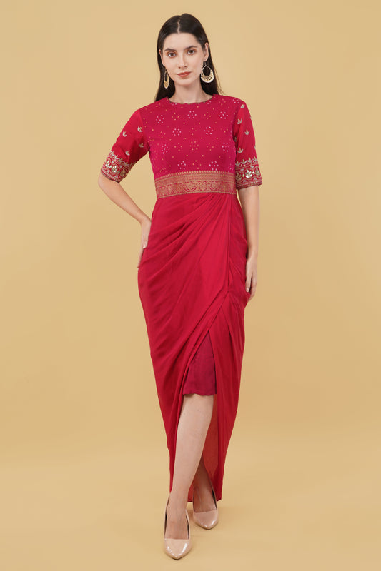 Red Drape Dress with Bandhej Yoke & Sleeves Adorned with Gotta Patti Work