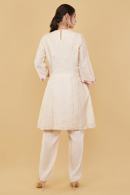 Designer Crème Khadi A-Line Kurta Set Featuring Mirror and Pearl Handwork