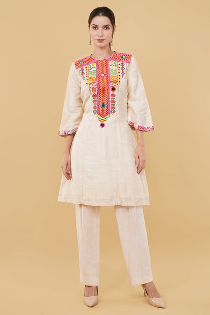 Designer Crème Khadi A-Line Kurta Set Featuring Mirror and Pearl Handwork