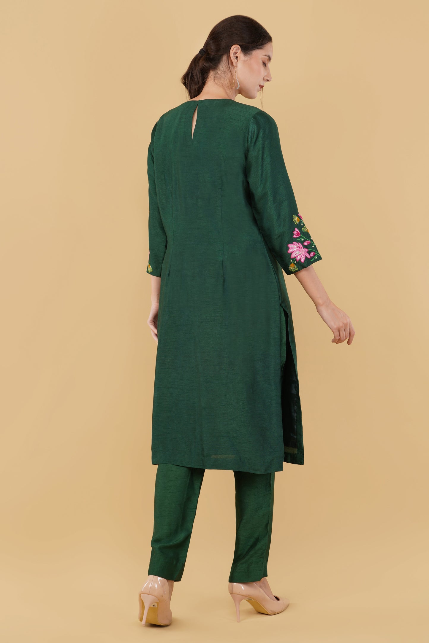 Green Straight Dupion Suit with Lord Krishna Embroidery on Front