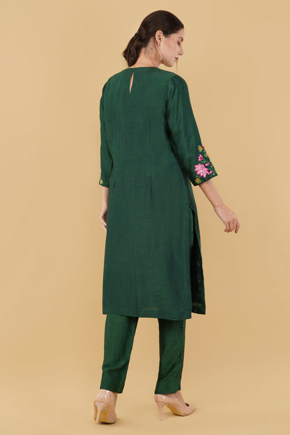 Green Straight Dupion Suit with Lord Krishna Embroidery on Front