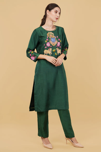 Green Straight Dupion Suit with Lord Krishna Embroidery on Front