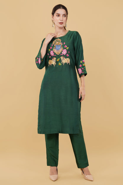 Green Straight Dupion Suit with Lord Krishna Embroidery on Front