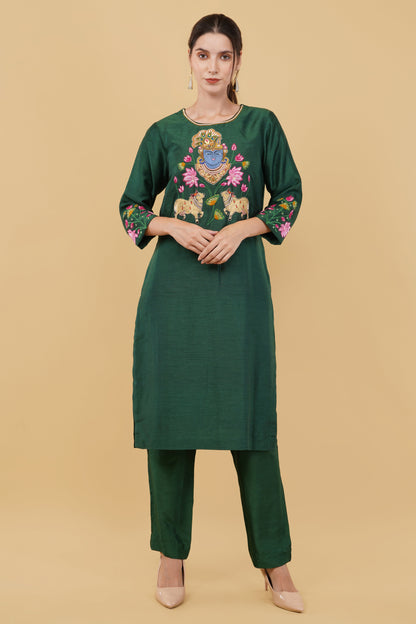 Green Straight Dupion Suit with Lord Krishna Embroidery on Front