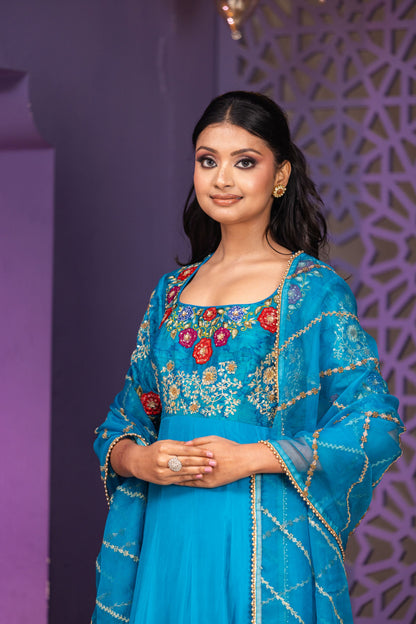 Luxury Peacock Blue Raw Silk Yoke Anarkali with Detailed Hand Embroidery