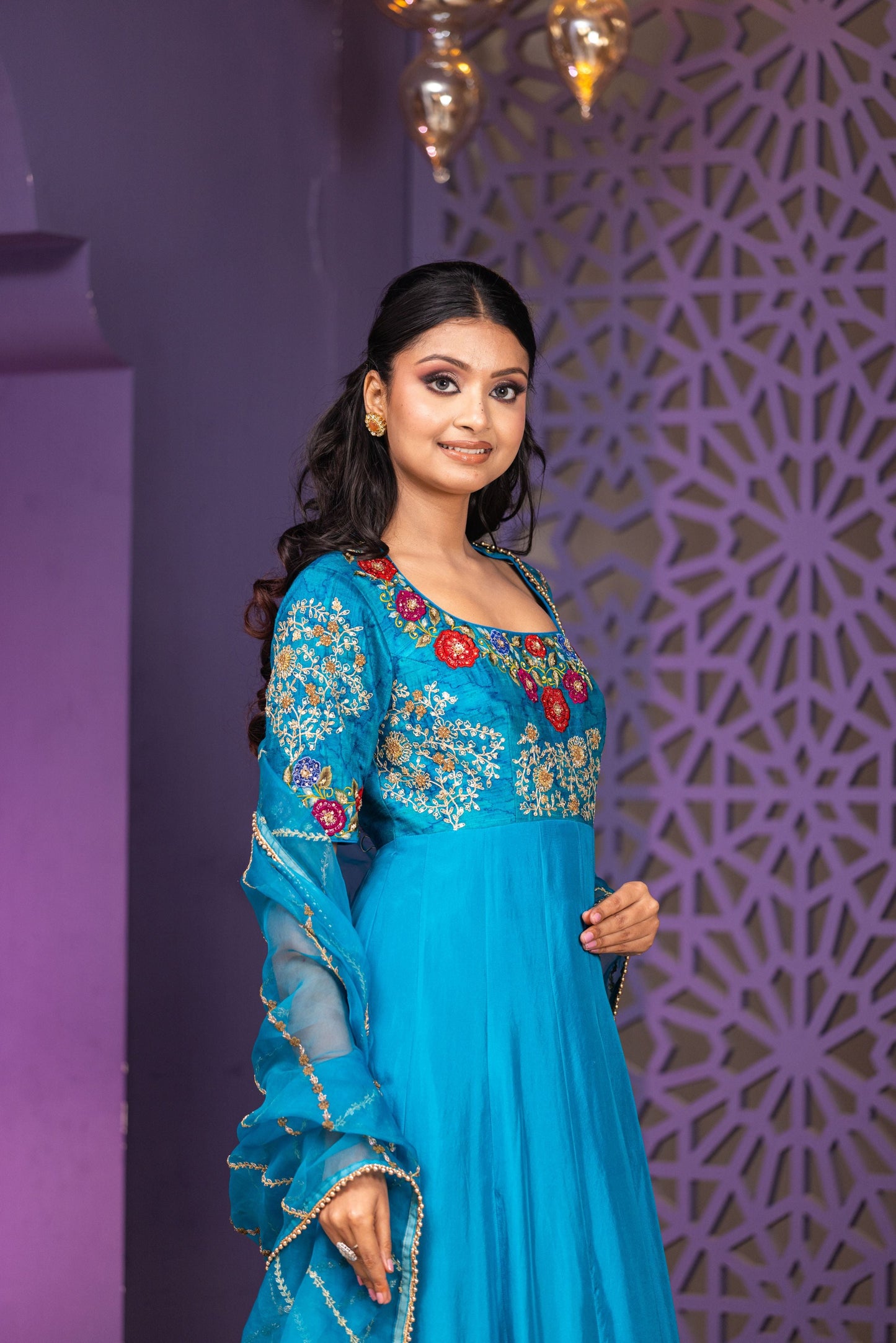 Luxury Peacock Blue Raw Silk Yoke Anarkali with Detailed Hand Embroidery