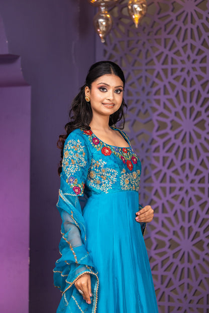 Luxury Peacock Blue Raw Silk Yoke Anarkali with Detailed Hand Embroidery