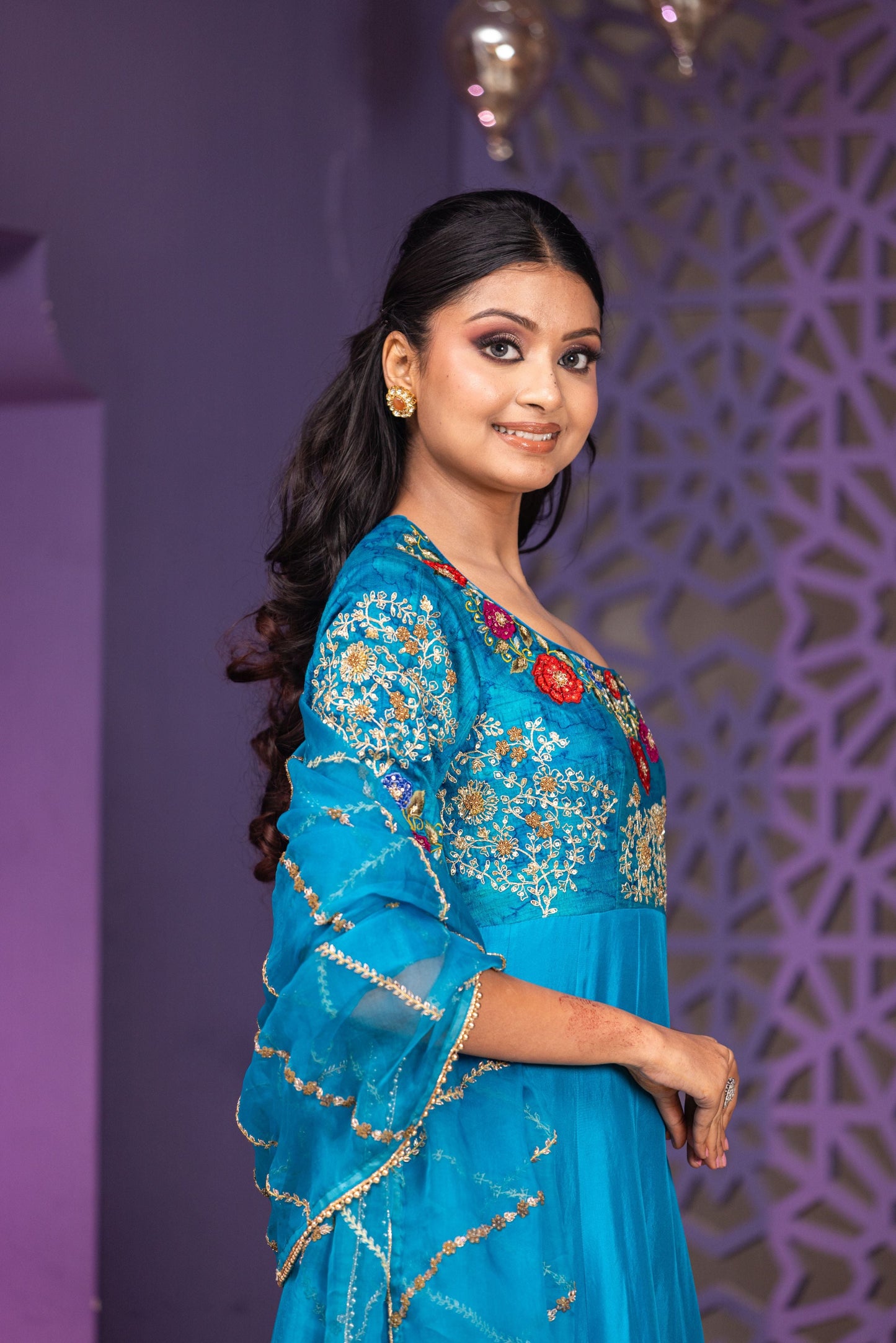 Luxury Peacock Blue Raw Silk Yoke Anarkali with Detailed Hand Embroidery