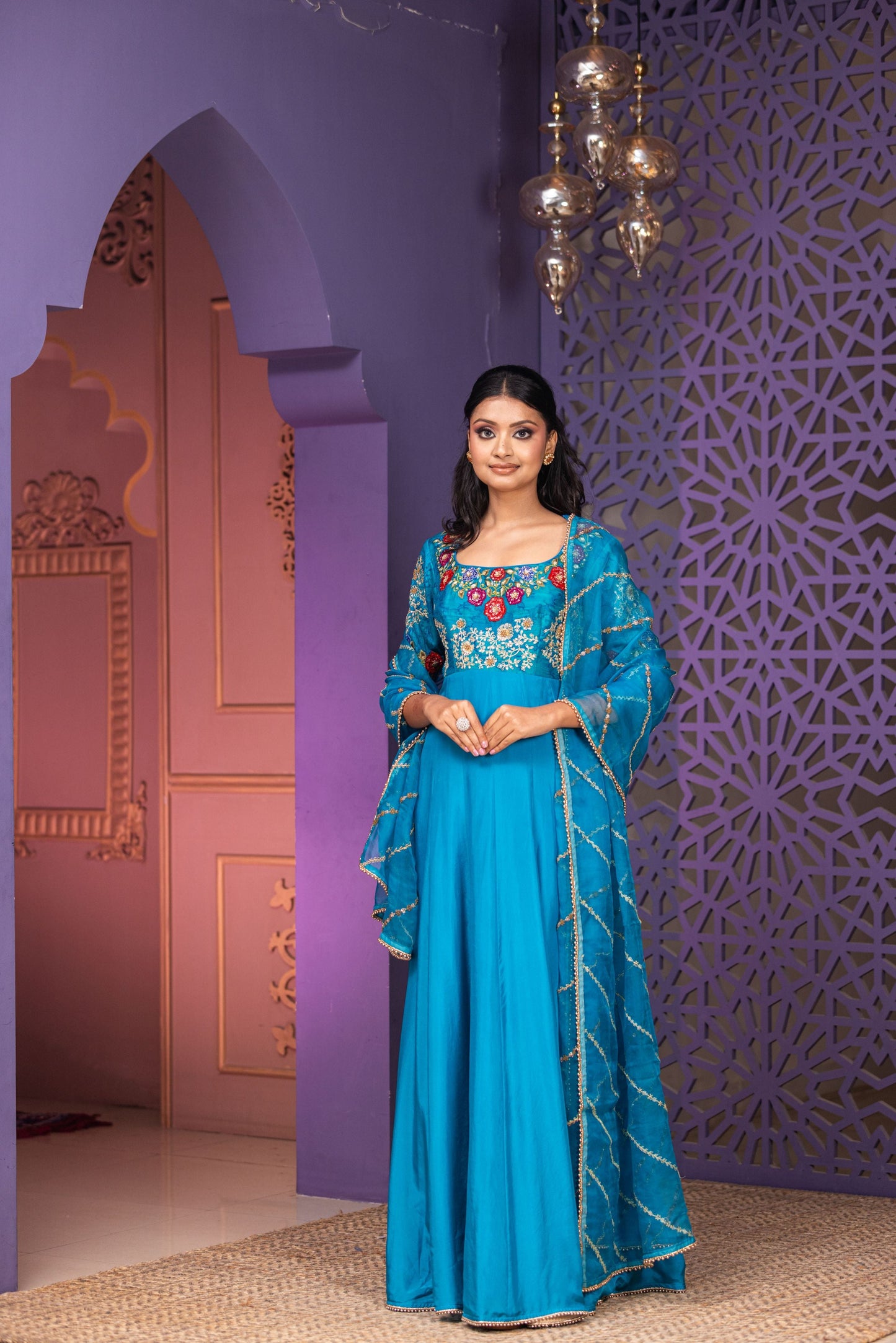 Luxury Peacock Blue Raw Silk Yoke Anarkali with Detailed Hand Embroidery