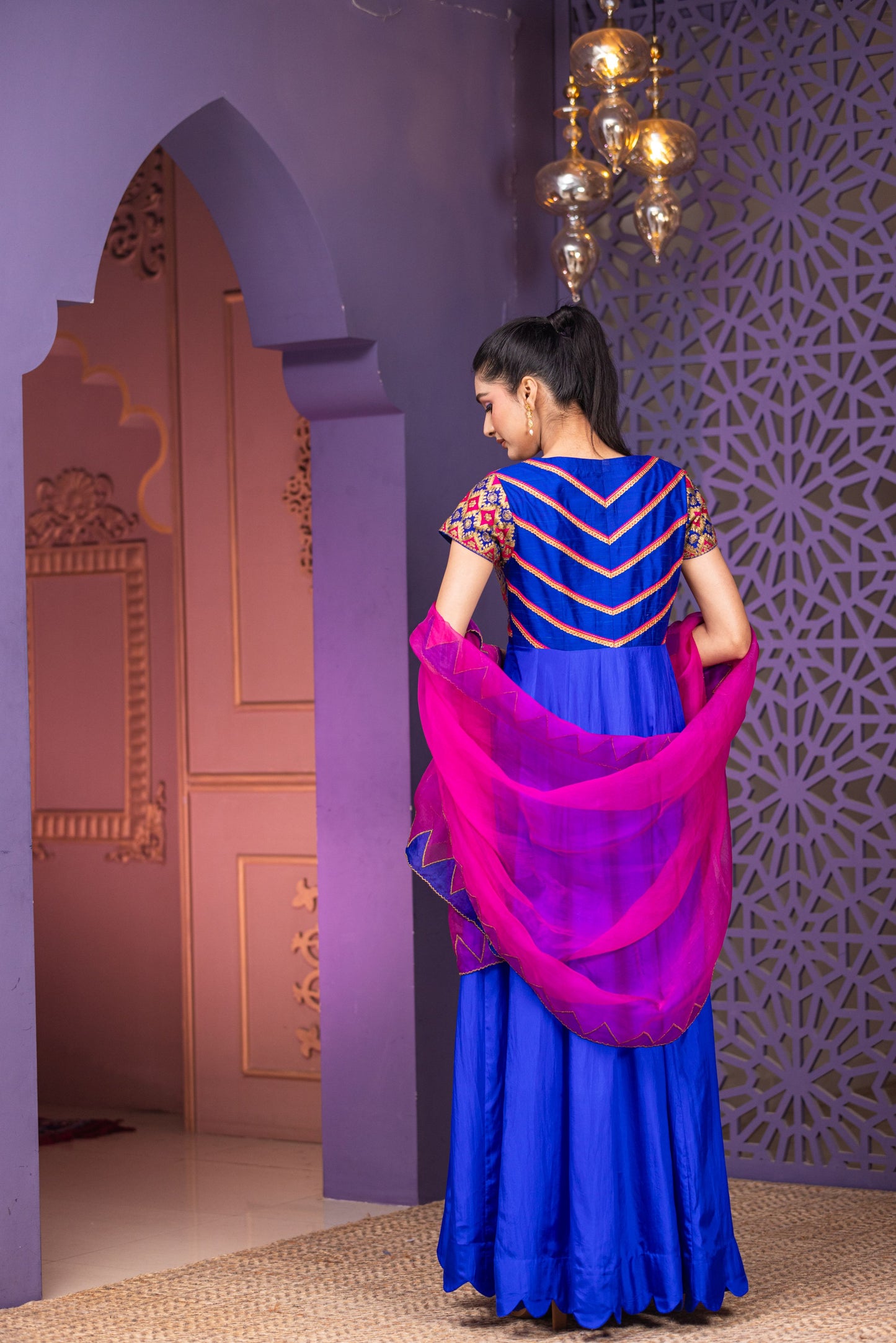 Festive Royal Blue Anarkali with Intricate Multicolour Work and Vibrant Pink Dupatta