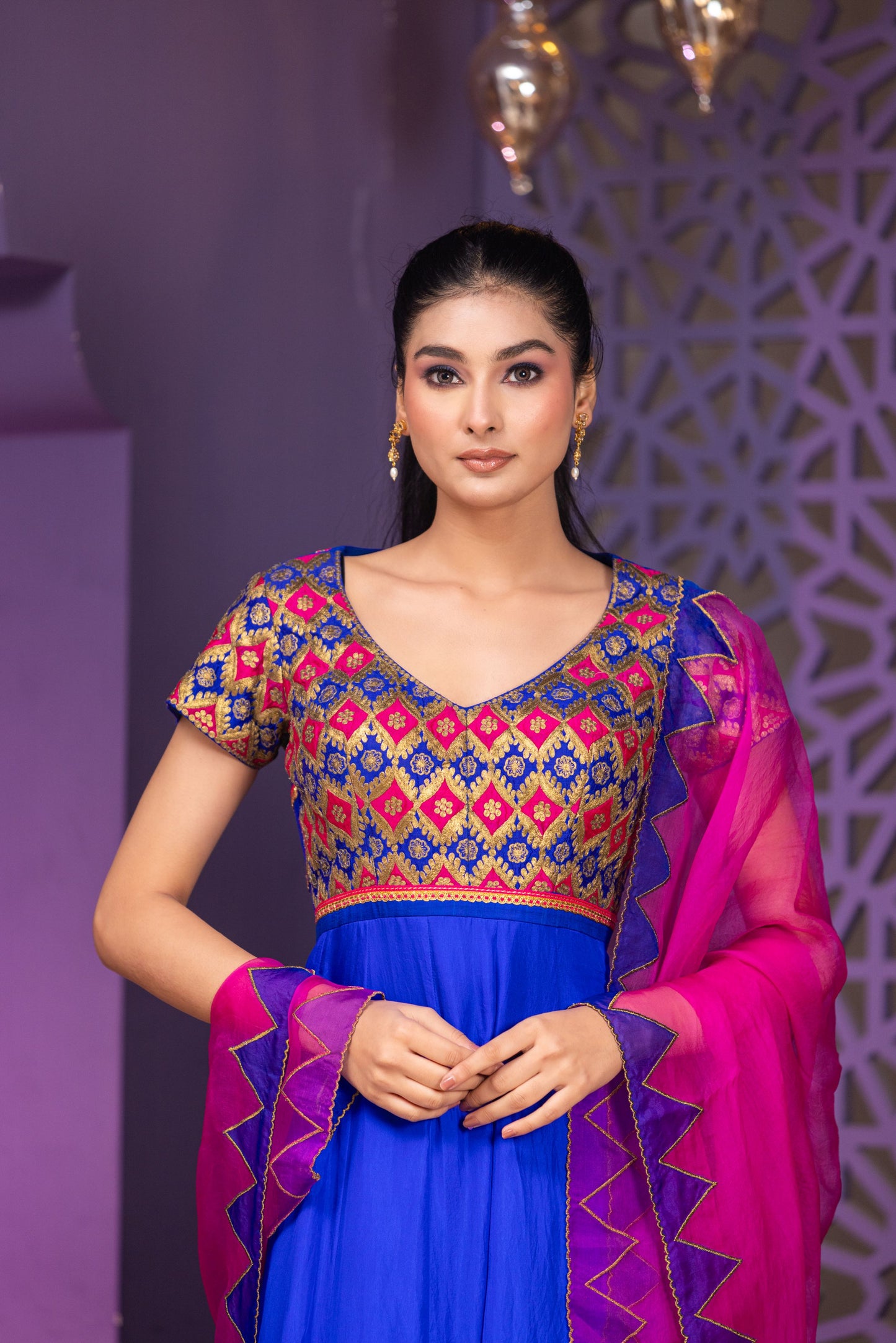 Festive Royal Blue Anarkali with Intricate Multicolour Work and Vibrant Pink Dupatta