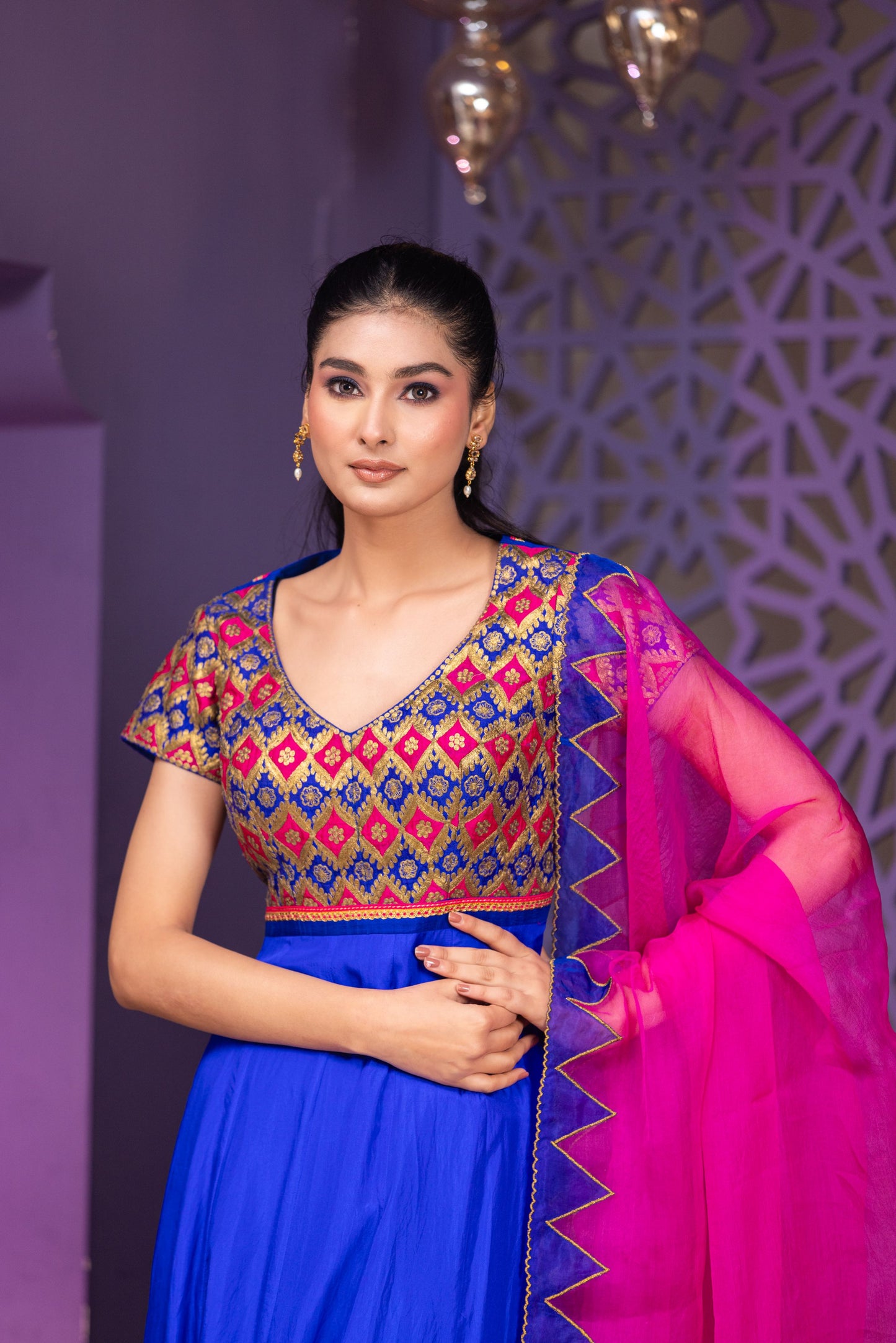 Festive Royal Blue Anarkali with Intricate Multicolour Work and Vibrant Pink Dupatta