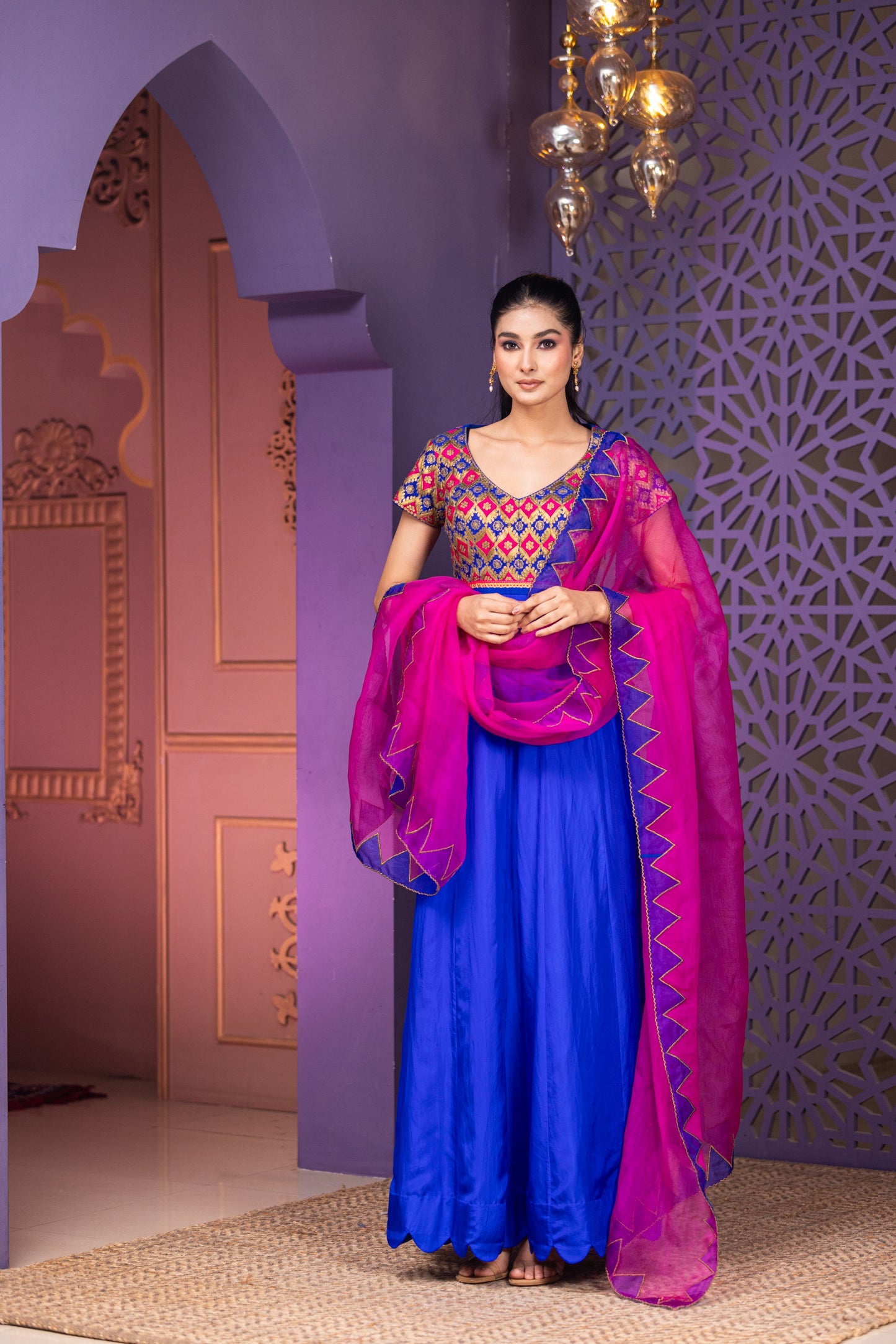 Festive Royal Blue Anarkali with Intricate Multicolour Work and Vibrant Pink Dupatta