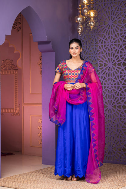 Festive Royal Blue Anarkali with Intricate Multicolour Work and Vibrant Pink Dupatta
