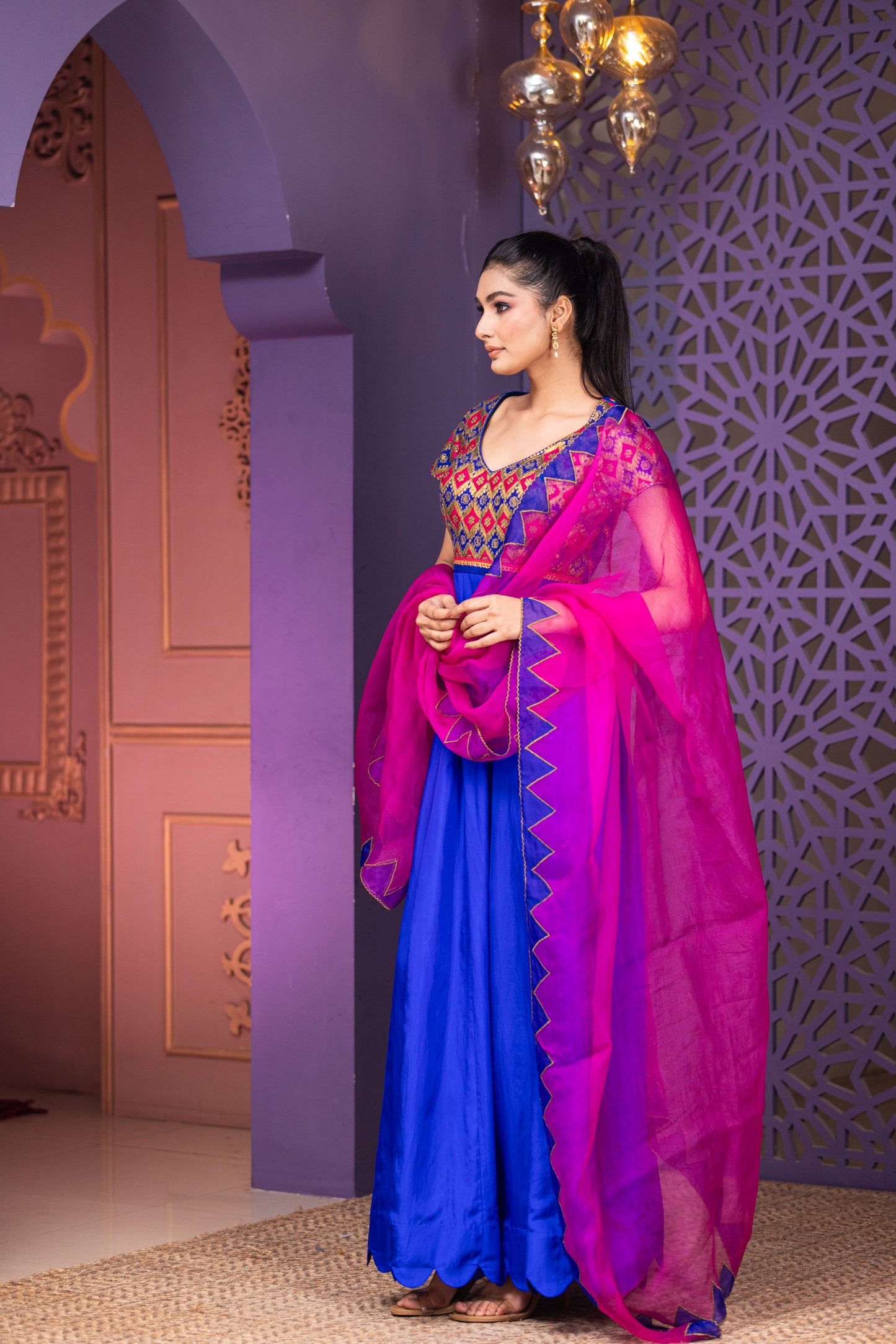 Festive Royal Blue Anarkali with Intricate Multicolour Work and Vibrant Pink Dupatta