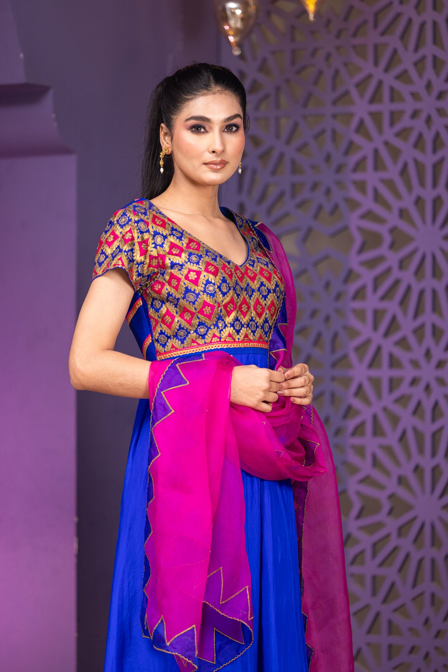Festive Royal Blue Anarkali with Intricate Multicolour Work and Vibrant Pink Dupatta