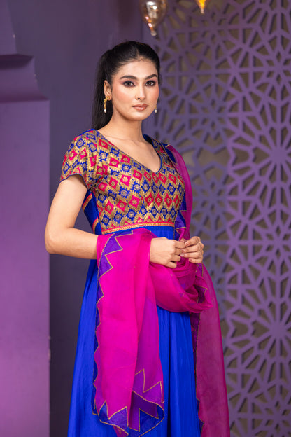 Festive Royal Blue Anarkali with Intricate Multicolour Work and Vibrant Pink Dupatta