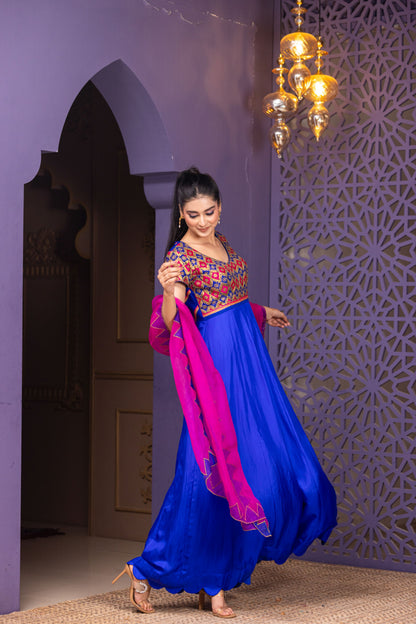 Festive Royal Blue Anarkali with Intricate Multicolour Work and Vibrant Pink Dupatta