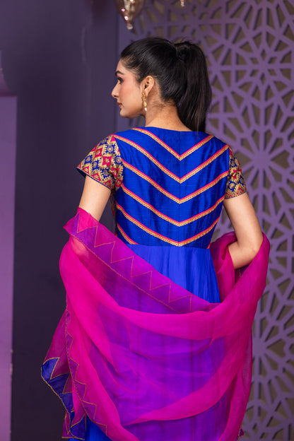 Festive Royal Blue Anarkali with Intricate Multicolour Work and Vibrant Pink Dupatta
