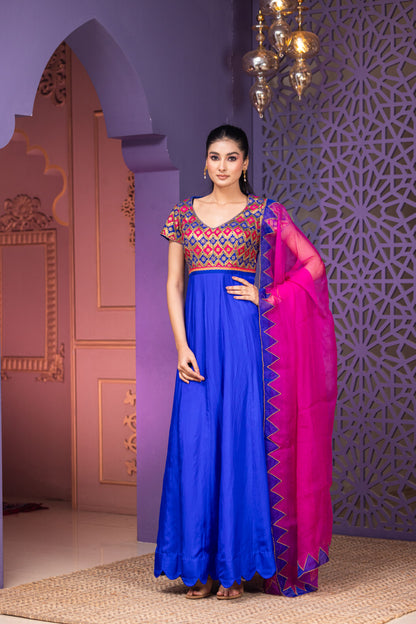 Festive Royal Blue Anarkali with Intricate Multicolour Work and Vibrant Pink Dupatta