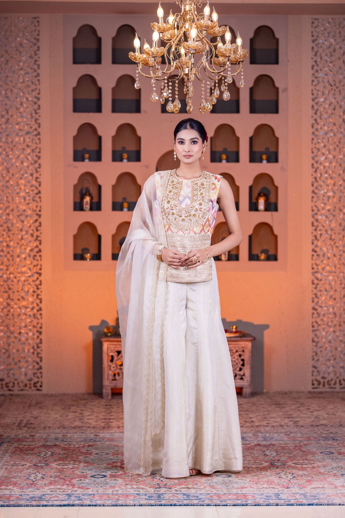 Designer Ivory Kurta Palazzo Set Featuring Intricate Golden Embroidery
