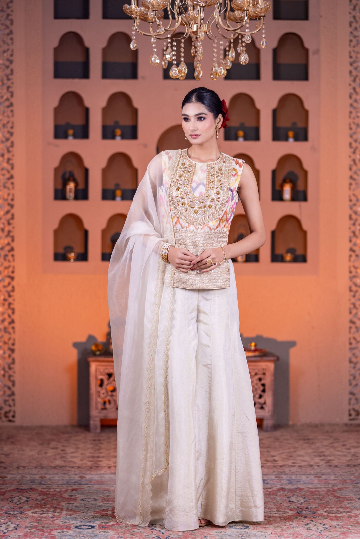 Designer Ivory Kurta Palazzo Set Featuring Intricate Golden Embroidery