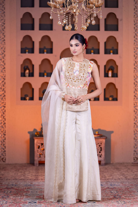 Designer Ivory Kurta Palazzo Set Featuring Intricate Golden Embroidery