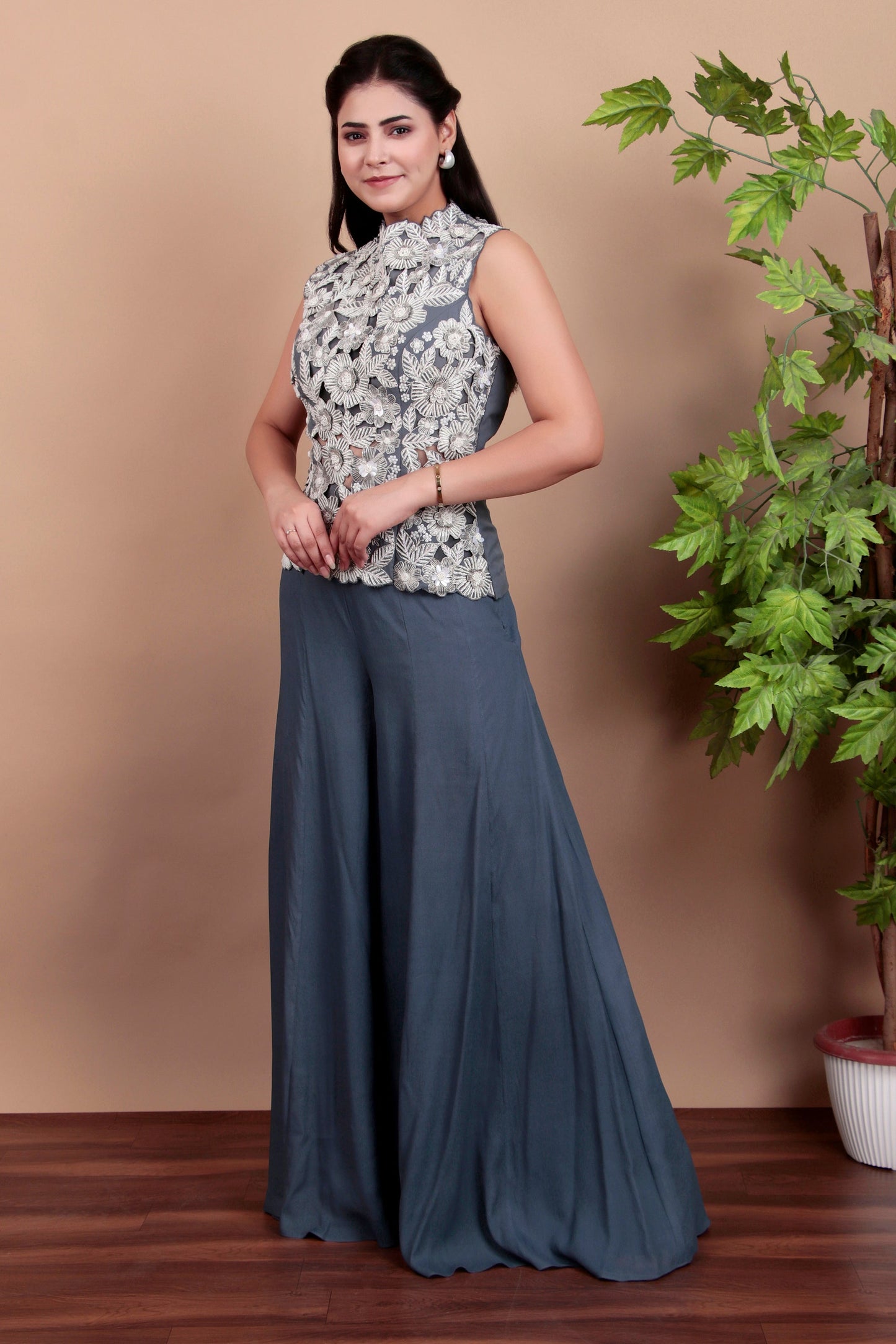 Modern Grey Indo-Western Palazzo Set with Hand-Embroidered Floral Top