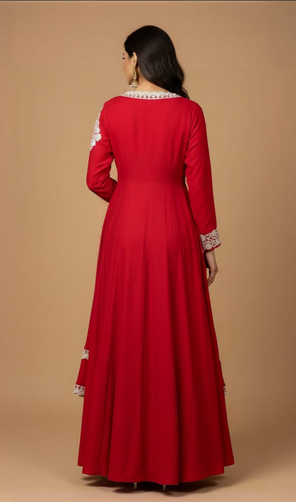 Elegant Red Silk Anarkali Outfit with Intricate Sequin Thread and Pearl Detailing