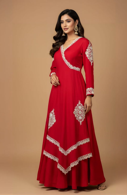 Elegant Red Silk Anarkali Outfit with Intricate Sequin Thread and Pearl Detailing