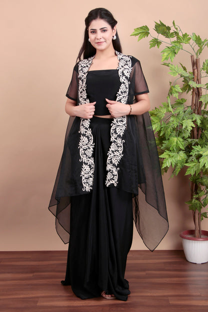 Black Indo-Western Draped Set with Tube Top, Dhoti Skirt and Ivory Floral Embroidered Cape