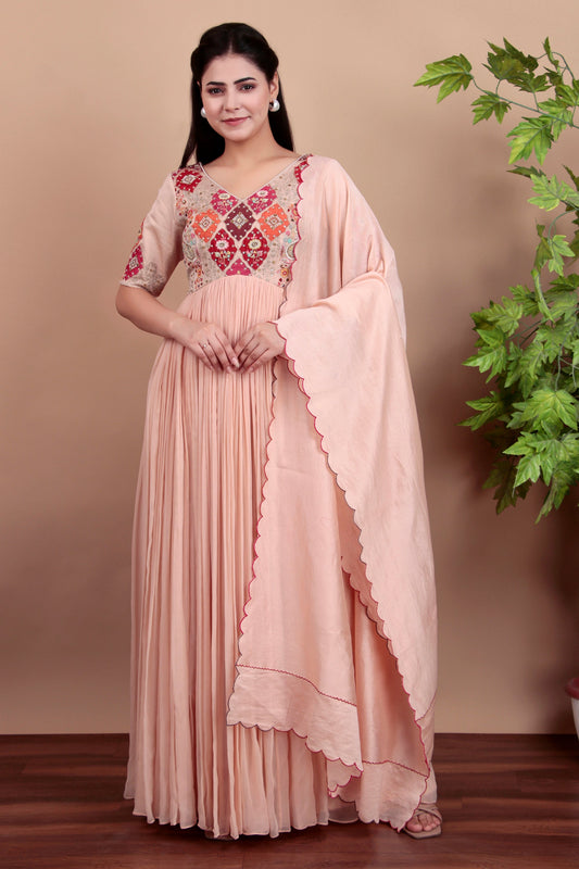 Peach Anarkali Suit with Heavy Dabka Sequins And Pearl Embellished Yoke