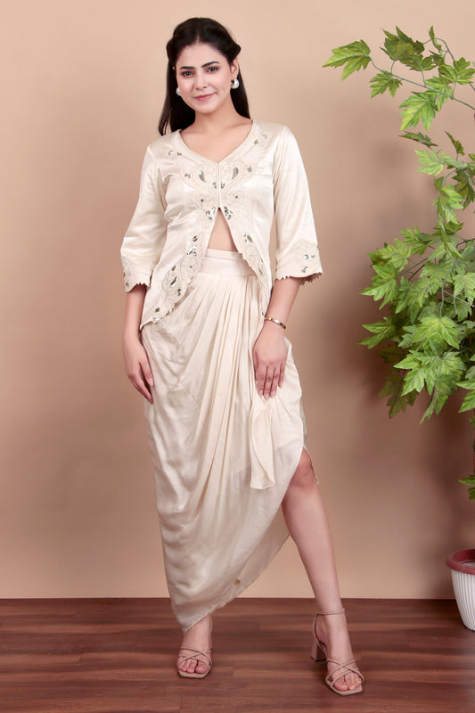Ivory Luxury Indo-Western Ensemble with Intricate Sequin Zari Jacket and Draped Skirt