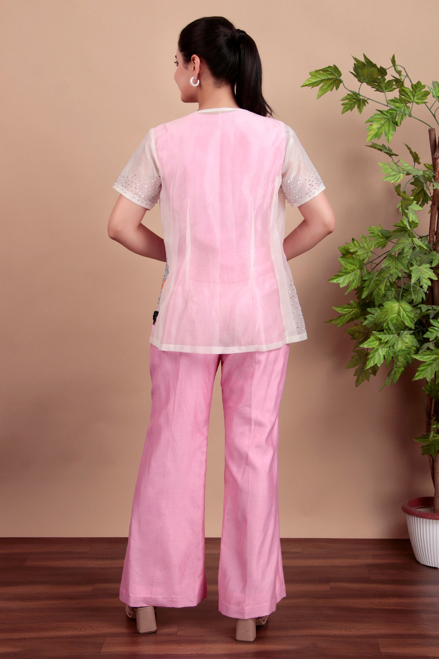 Sleeveless Crop Top And Flared Pants Set with Sheer Embroidered Shrug
