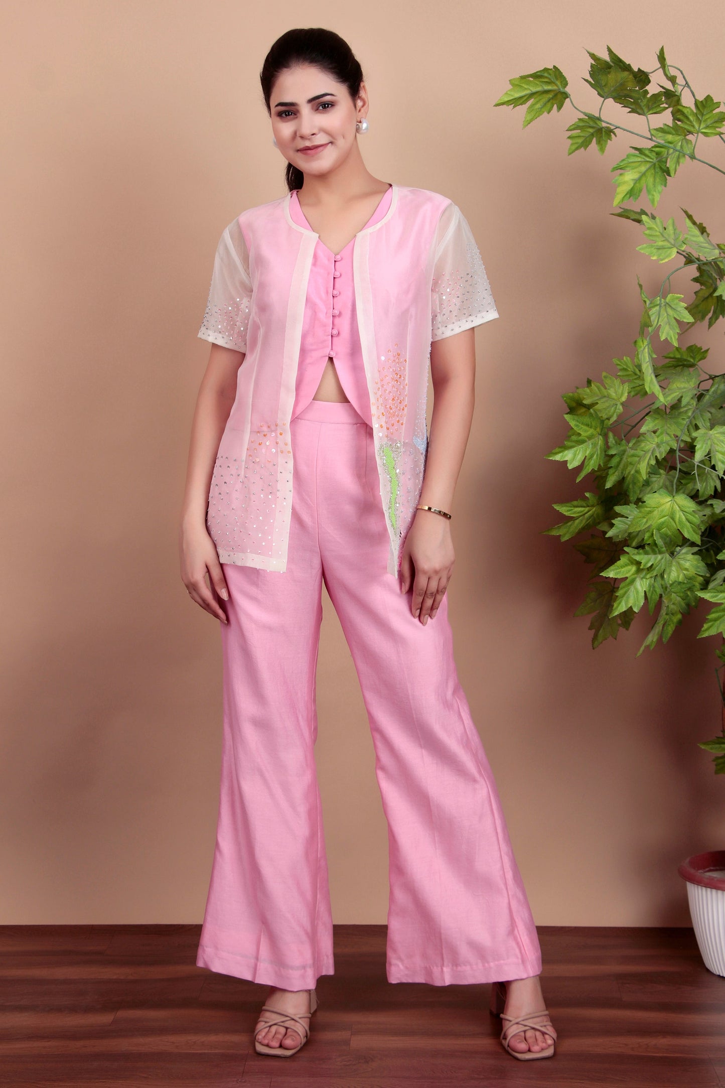 Sleeveless Crop Top And Flared Pants Set with Sheer Embroidered Shrug